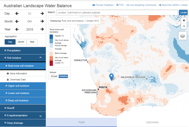 Soil water storage relative Map of Western Australia showing coloured areas of soil water storage at 1 October 2018