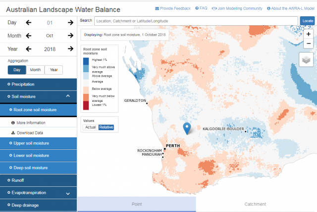 Map of Western Australia showing coloured areas of soil water storage at 1 October 2018