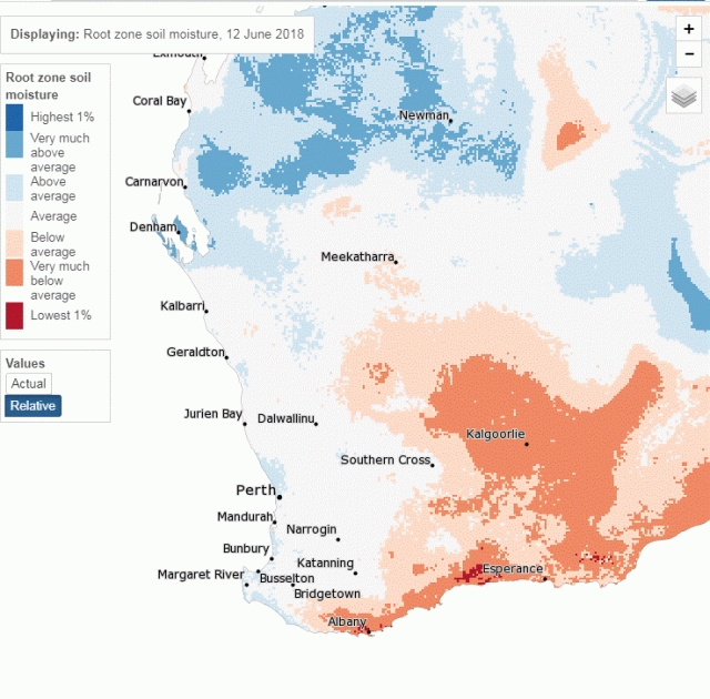 Estimated root zone soil moisture 12 June 2018, relative to expected levels at this time of year. Map of root zone soil water shown as below average, average or above average for the time of the year.