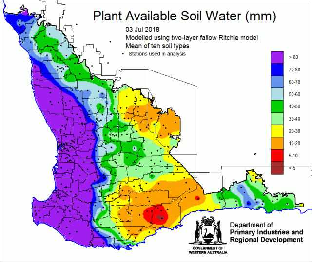 Soil water storage in millimetres Map of Western Australia showing coloured areas of soil water storage at 3 July 2018