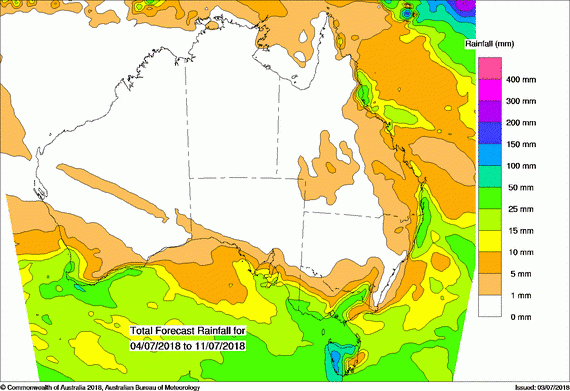 Forecast rain for the next week in millimetres Map of Western Australia showing coloured areas of rainfall predicted in the next week