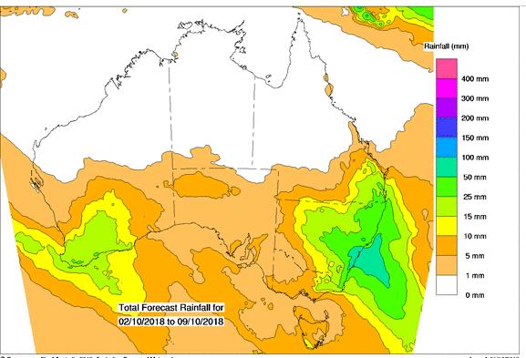 Map of Western Australia showing coloured areas of rainfall levels in millimetres