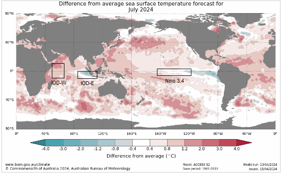 Difference from average sea surface temp forecast for July 2024 map