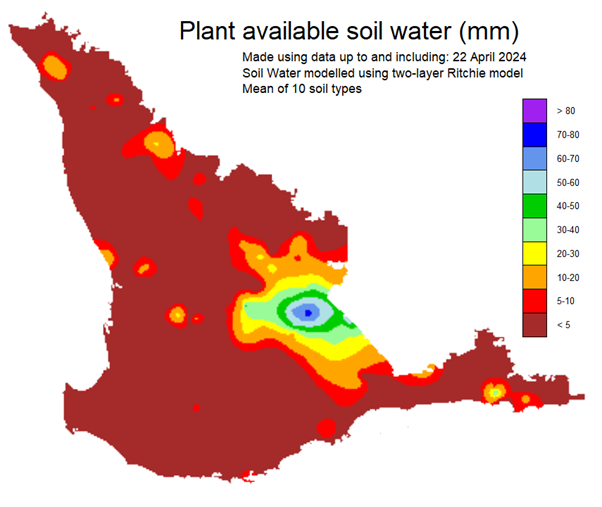 Plant available soil water map for the South West Land Division for 22 April
