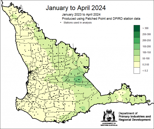 Rainfall to date map for 1 January to 30 April 2024 for the South West Land Division