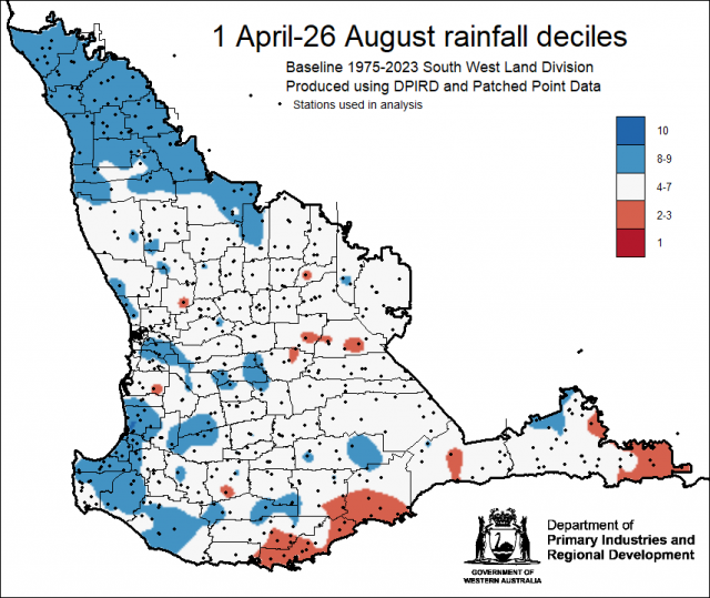 Fig 7.Rainfall decile map for 1 April to 26 August 2024 for the South West Land Division. Indicating decile 1-3 rainfall for Albany and surrounds, eastern Esperance, decile 8-10 for northern wheatbelt and area around Myalup, north of Bunbury, decile 4-7 e