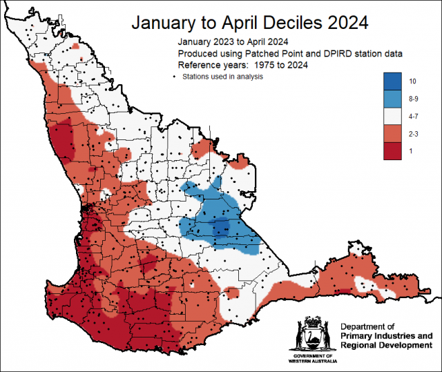 ainfall decile map for 1 January to 30 April 2024 for the South West Land Division
