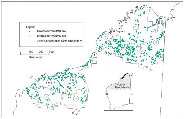 Map showing the location of WARMS sites in the Northern Rangelands