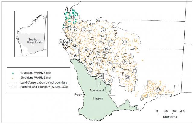 Map showing the location of WARMS sites in the Southern Rangelands