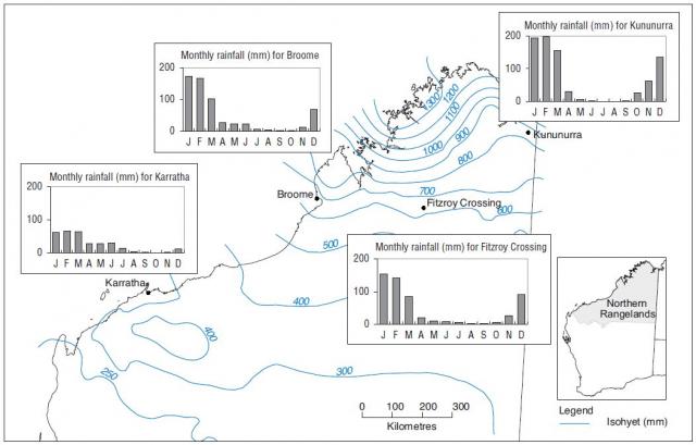 Line drawing of the rainfall isohyets in the Northern Rangelands