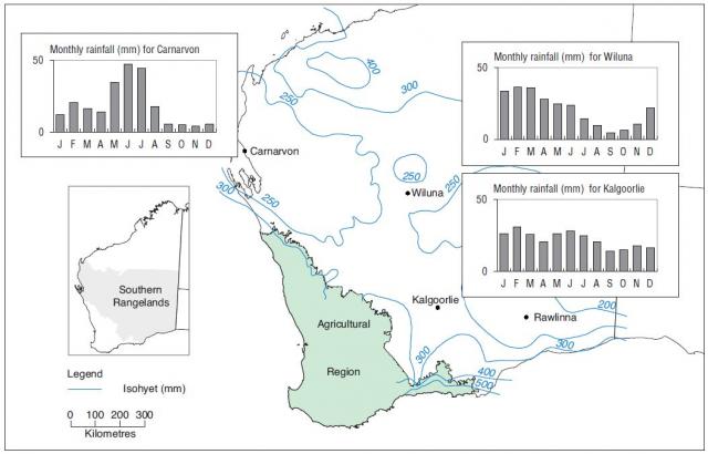 Rainfall in the Southern Rangelands is lower than in the Northern Rangelands Line drawing of the rainfall isohyets in the Southern Rangelands
