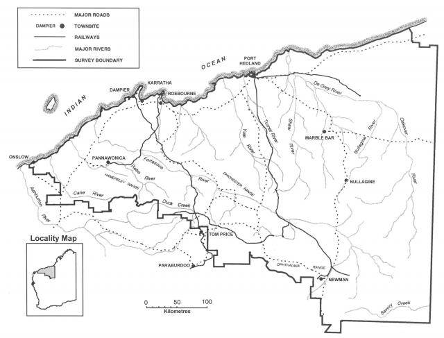 Line drawing of the Pilbara region covered by the surveys identifying pasture types