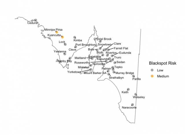 Map showing the relative current risk of spores based upon Blackspot Model outputs for various locations in South Australia, 19th June 2023.