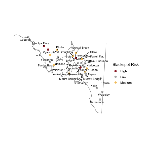 Map showing the relative current risk of spores based upon Blackspot Model outputs for various locations in South Australia, 29th May 2023.