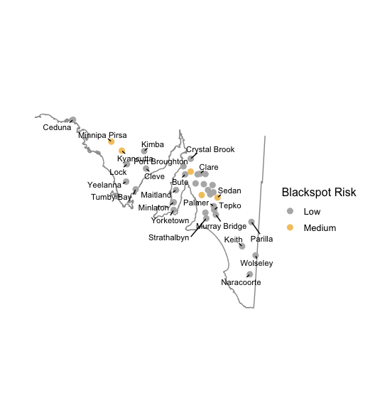 Map showing the relative current risk of spores based upon Blackspot Model outputs for various locations in South Australia, 6th June 2023. Map showing the relative current risk of spores based upon Blackspot Model outputs for various locations in South Australia, 6th June 2023.