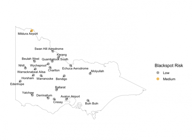 Map showing the relative current risk of spores based upon Blackspot Model outputs for various locations in Victoria, 19h June 2023.