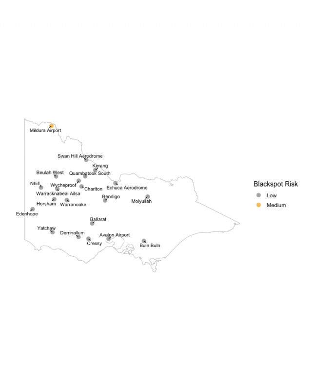 Map showing the relative current risk of spores based upon Blackspot Model outputs for various locations in Victoria, 26th June 2023.