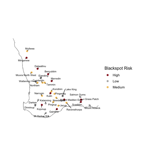 Map showing the relative current risk of spores based upon Blackspot Model outputs for various locations in Western Australia, 6 June 2023.