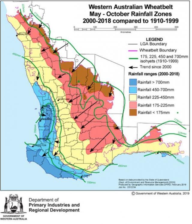 Map of south-west Western Australia showing the movement to the west of rainfall isohyets for May to October