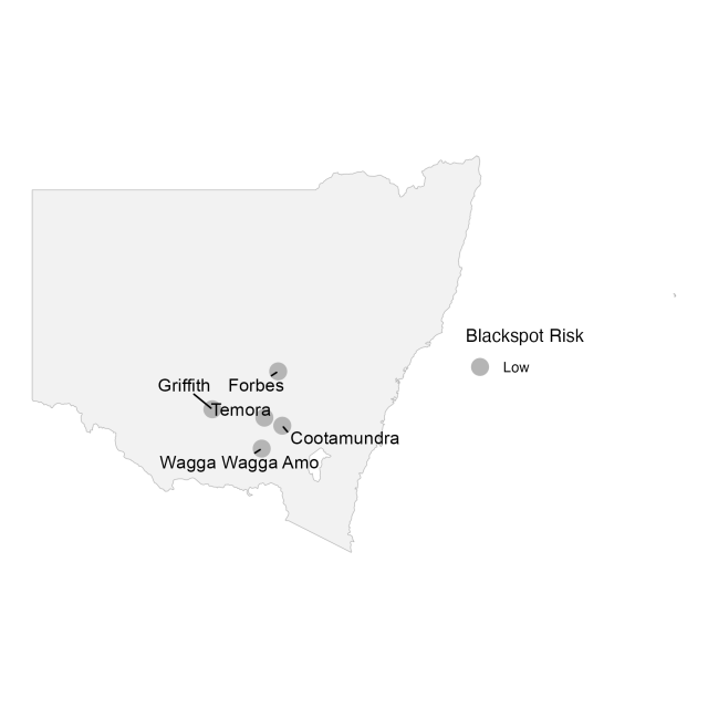 Map showing the relative current risk of spores based upon blackspot model outputs for various location in NSW, 6th May 2024.