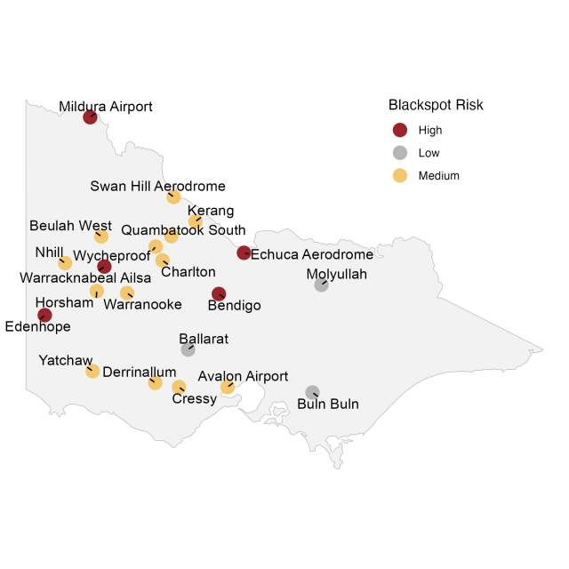 Map showing the relative current risk of spores based upon Blackspot Model outputs for various locations in Victoria, 6th May2024.