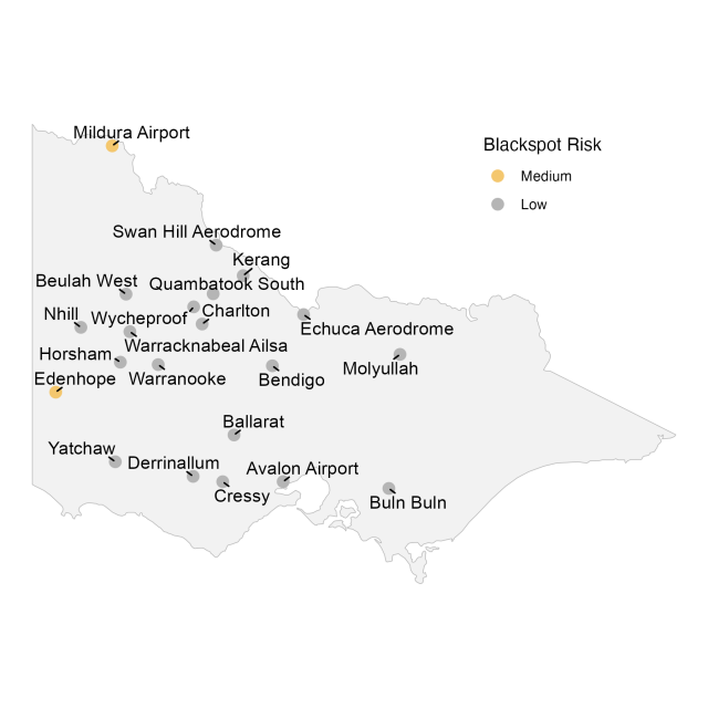 Map showing the relative current risk of spores based upon Blackspot Model outputs for various locations in Victoria, 17th June 2024. Map showing the relative current risk of spores based upon Blackspot Model outputs for various locations in Victoria, 17th June 2024.