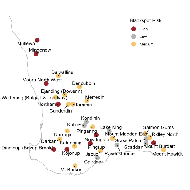 Map showing the relative current risk of spores based upon Blackspot Model outputs for various locations in Western Australia, 13th May 2024.