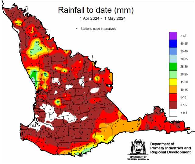 Rainfall to date map for 1 April to 1 May 2024 for the South West Land Division