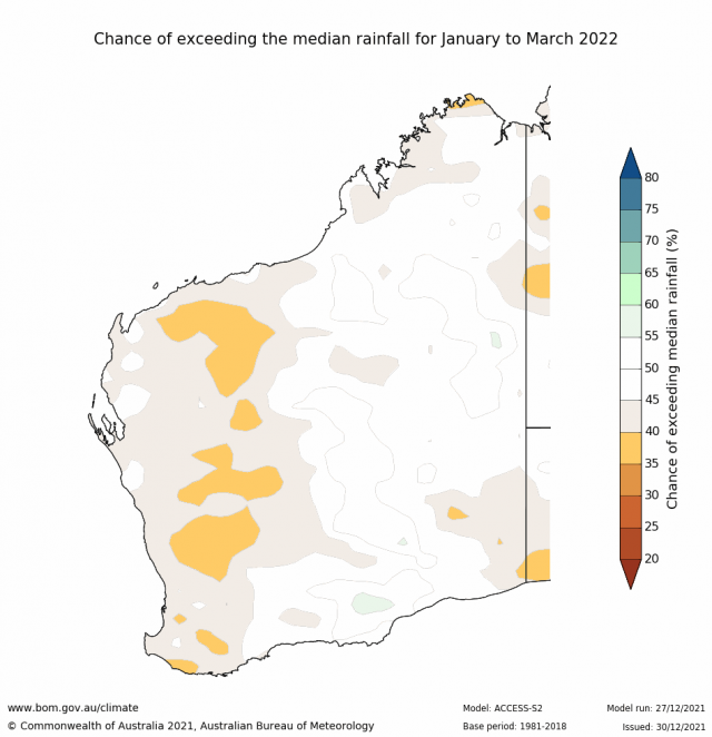 Rainfall outlook for January to March 2022 for Western Australia from the Bureau of Meteorology indicating less than 45% chance of above median rainfall for the majority of the SWLD.