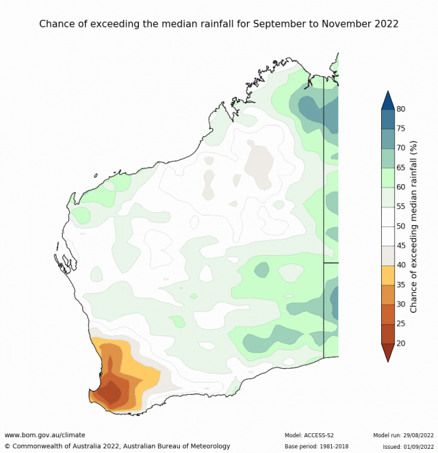 Rainfall outlook for spring, September to November 2022 for Western Australia from the Bureau of Meteorology indicating 25-55% chance of above median rainfall for the SWLD.