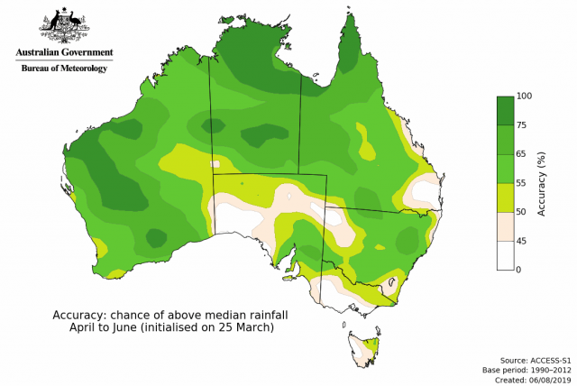 Percent Consistent skill of the Bureau of Meteorology’s outlook for April to June indicating 50 to 65 percent consistent skill over the SWLD.