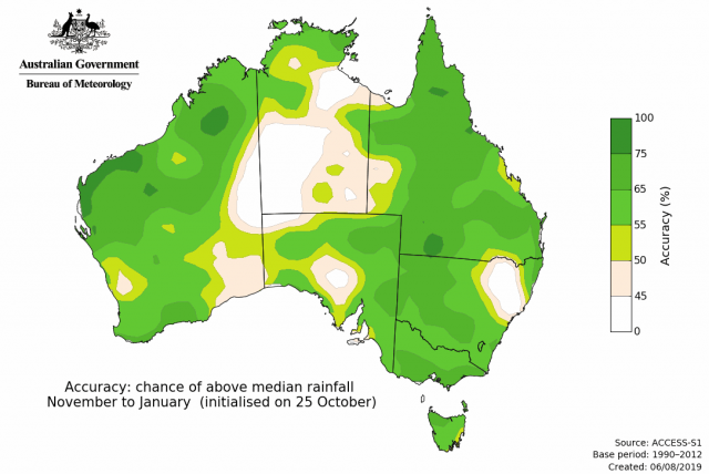 Percent Consistent skill of the Bureau of Meteorology’s outlook for November to January, indicating 45 to 75 percent consistent skill over the SWLD.