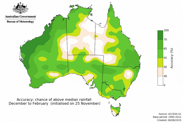 Percent Consistent skill of the Bureau of Meteorology’s outlook for December to February indicating 55 to 75 percent consistent skill over the SWLD.