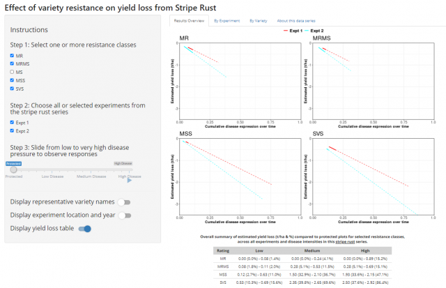 Figure 6. An output screen from the interactive yield loss tool depicts the relationship between disease severity and yield for classes of variety resistance from two wheat stripe rust experiments.