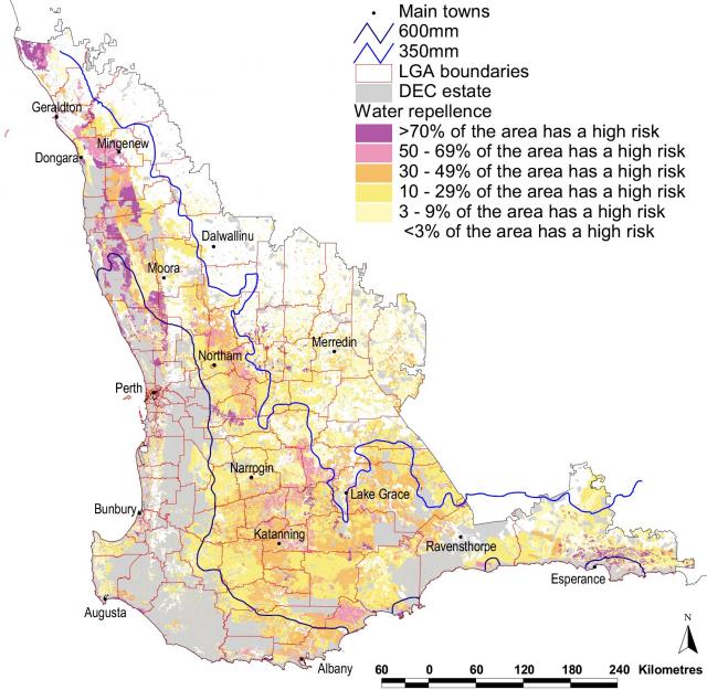 Areas at high risk of soil water repellence DAFWA landscape map unit database 2008
