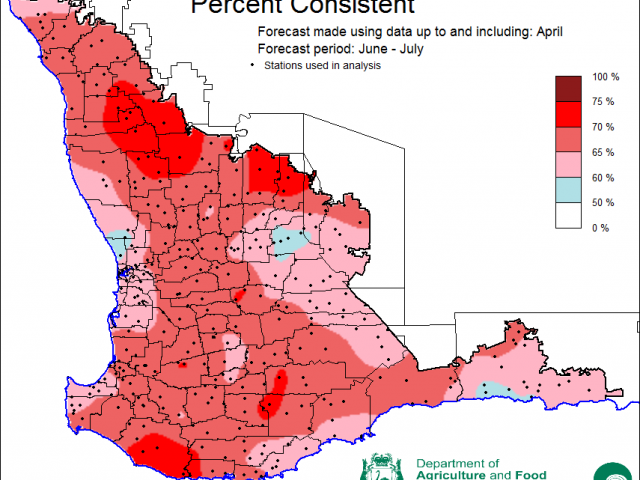 Percent Consistent skill of the SSF at forecasting June to July rainfall using data up to and including April. Skill is 50–75% consistent.