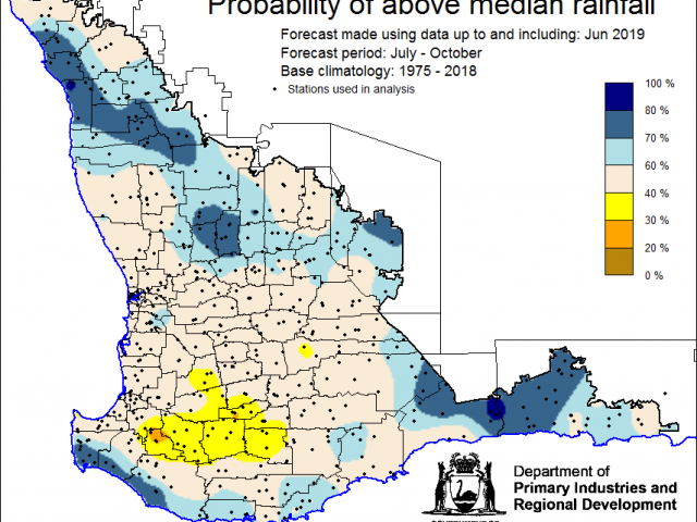SSF forecast of the probability of exceeding median rainfall for July to October using data up to and including June. Indicating a mixed outlook.