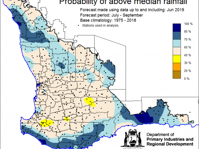 SSF forecast of the probability of exceeding median rainfall for July to September using data up to and including June SSF forecast of the probability of exceeding median rainfall for July to September using data up to and including June. Indicating greater than a 40% chance of the majority of the Southwest Land Division receiving above median rainfall.