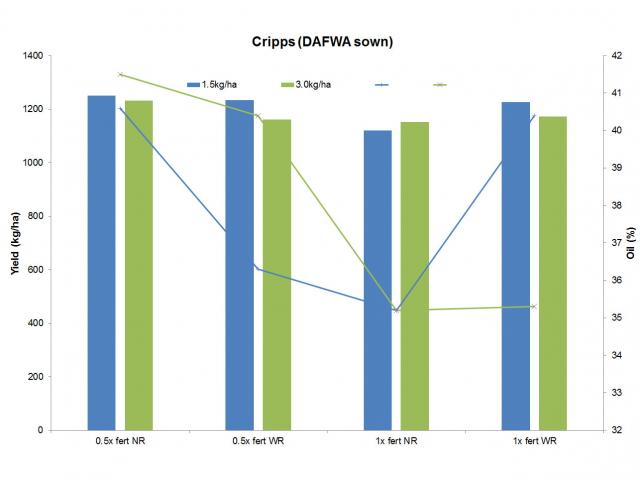 Graph of canola in wide and narrow rows, no significant differences