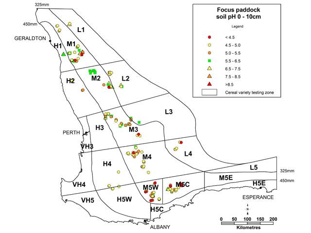 Map of agricultural zone of Western Australia showing soil pH for the 0-10cm layer at various sites.