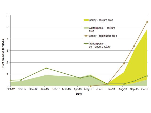 An area chart showing the combined biomass of barley pasture cropped into Gatton panic from October 2012 to October 2013 and compared to barley and panic grown separately. Y axis shows plant biomass in tonnes per hectare, X axis shows the date.