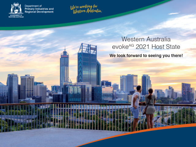A man and woman stand looking at the view of the Perth city skyline from Kings Park. The text reads "Western Australia evokeAG 2021 Host State. We look forward to seeing you there!"