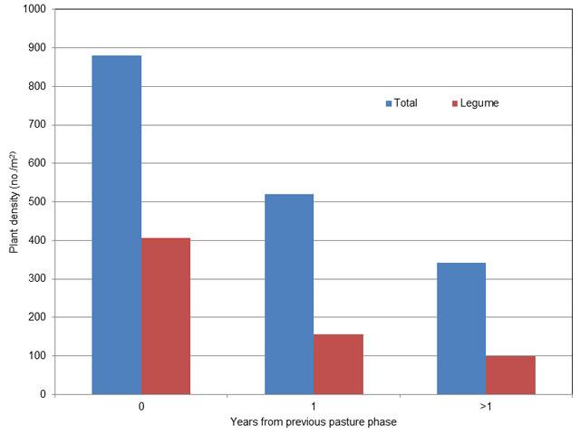 Bar graph showing average total and legume plant density at different intensities of pasture phases in 2012 and 2013