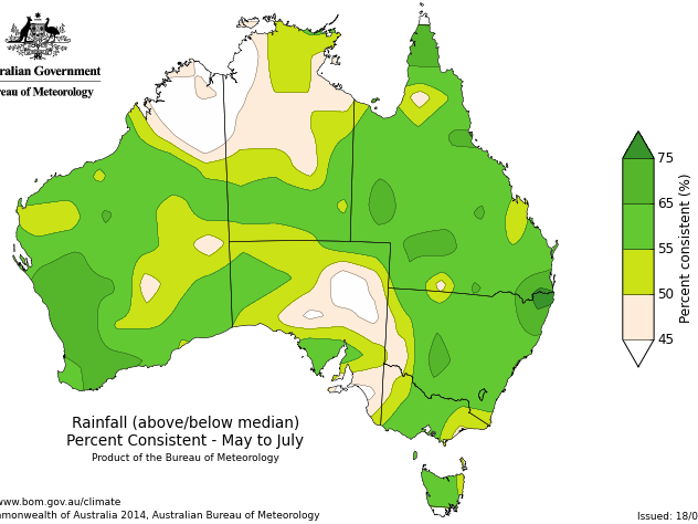 Percent Consistent skill of the Bureau of Meteorology’s outlook for May to July rainfall. Skill is 55 to 75 per cent consistent.