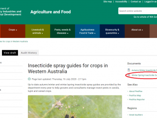 A screenshot of the Insecticide spray guide webpage with the 2020 winter spring insecticide spray guide circled