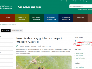 A screenshot of the Insecticide spray guide webpage with the 2020 winter spring insecticide spray guide circled A screenshot of the Insecticide spray guide webpage with the 2020 winter spring insecticide spray guide circled