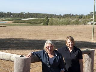 Manjimup netted orchard walk Photo caption: Grower Ann Lyster and Department of Agriculture and Food development office Susie Murphy White at the netting trial site on the Lysters’ property.