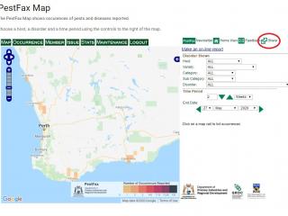 A screenshot of the PestFax map showing reported occurrences for the two weeks prior to 27 May 2020 with the share option circled.