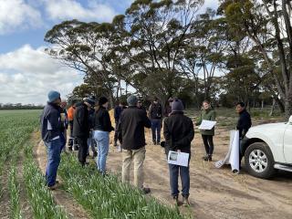 People standing in a paddock looking at a poster.