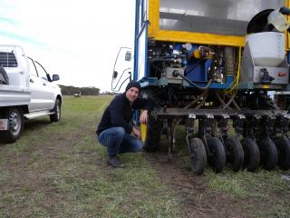 Department research officer Daniel Hüberli prepares to apply fungicide in-furrow as part of research assessing yield responses to a range of fungicide treatments to control rhizoctonia in cereal crops.